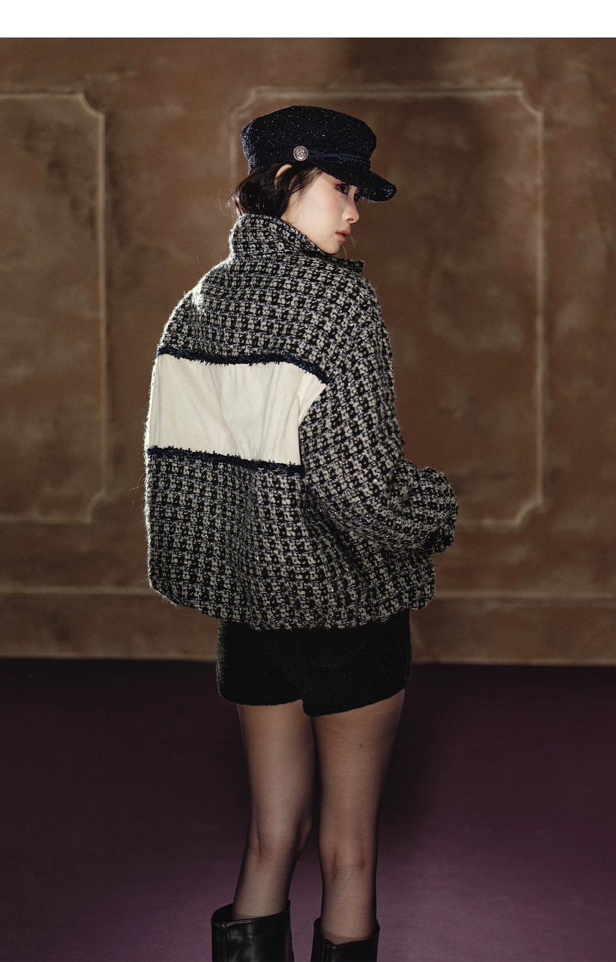 Wool-Blend Colorblock Stand Collar Padded Jacket