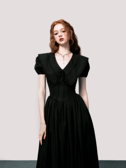 Puff-Sleeve Waist-Defined Maxi Dress