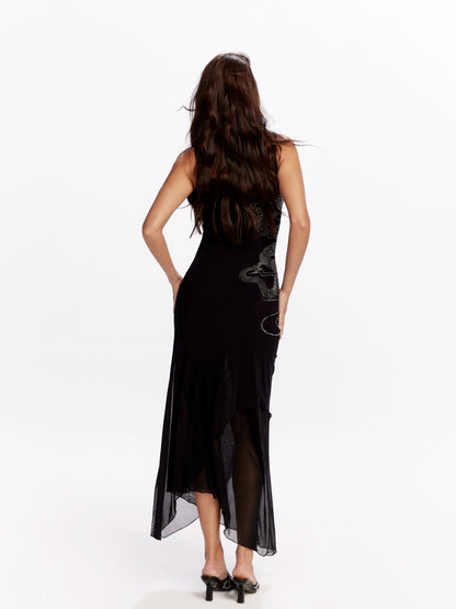 Noir Dragon Crystal Mesh Maxi Dress