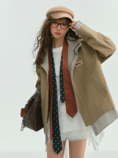 Plaid Splicing Stand Collar Windbreaker Jacket