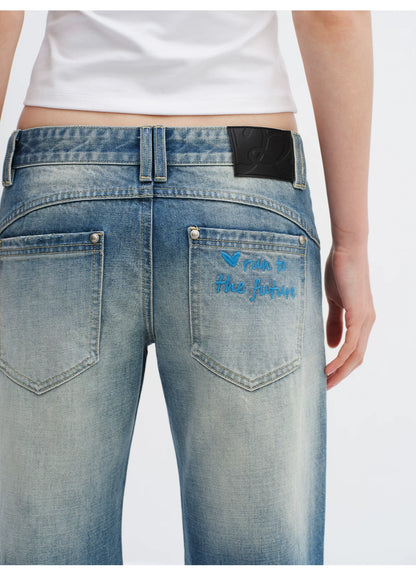 Vintage Washed Low-Rise Flared Denim Jeans