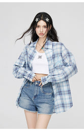 Blue Plaid Embroidered Sunscreen Shirt - CHINASQUAD