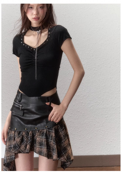 Choker Collar Rhinestone Cinched Waist T-Shirt - CHINASQUAD