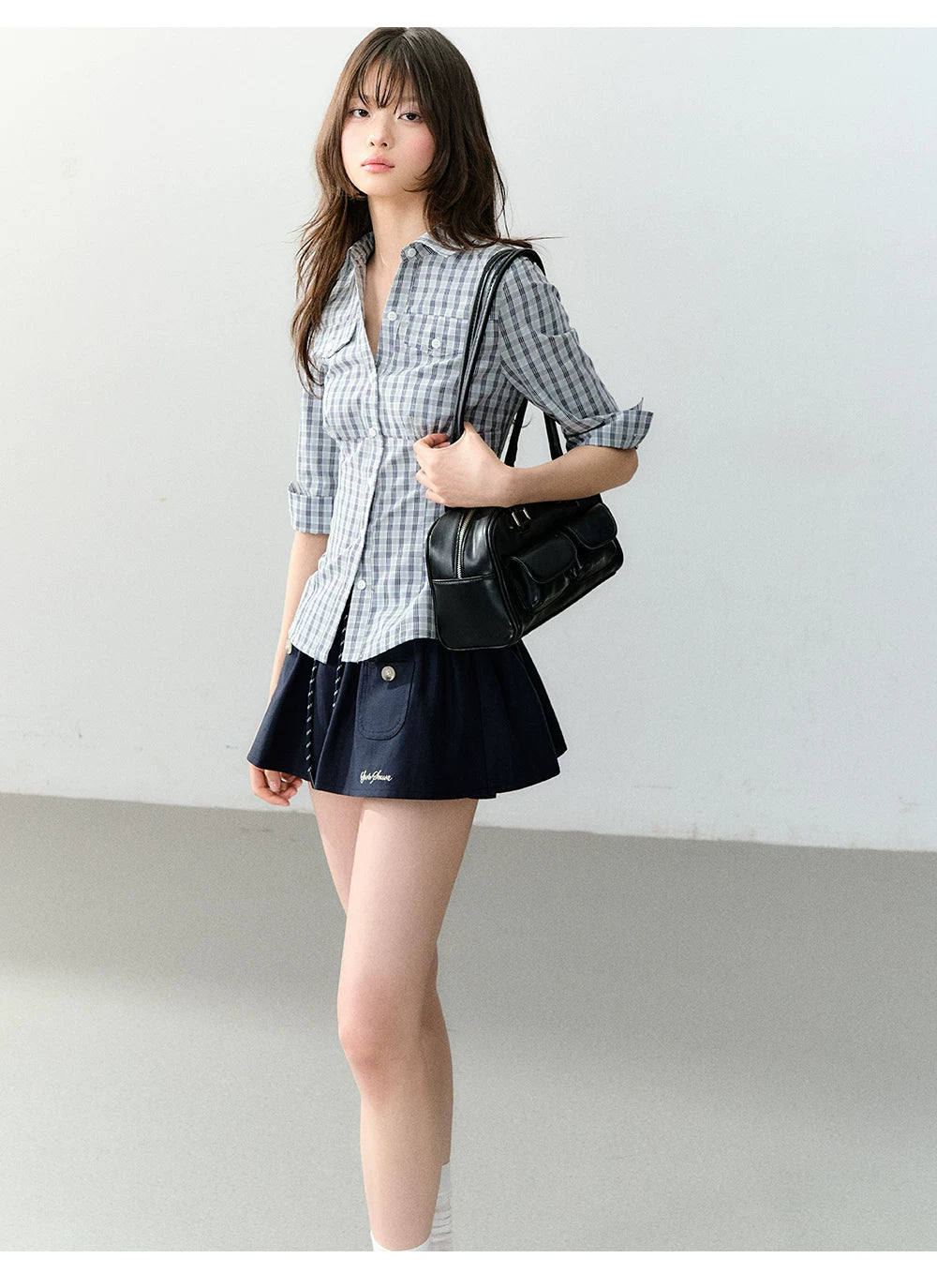 Waist-Cinched Mid-Sleeve Fitted Pocket Shirt