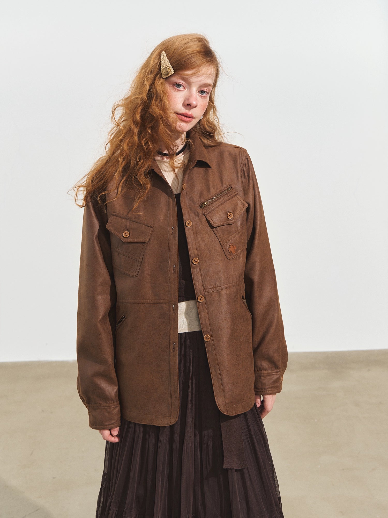 Multi-Pocket Suede Utility Jacket