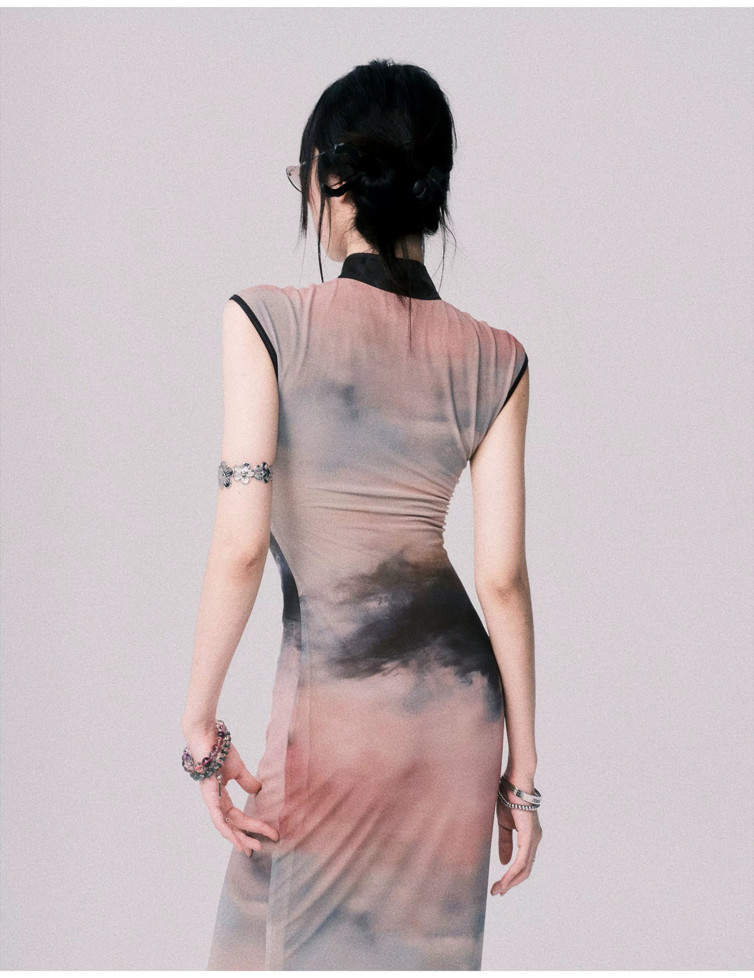 Stretch Mesh Cheongsam Maxi Dress