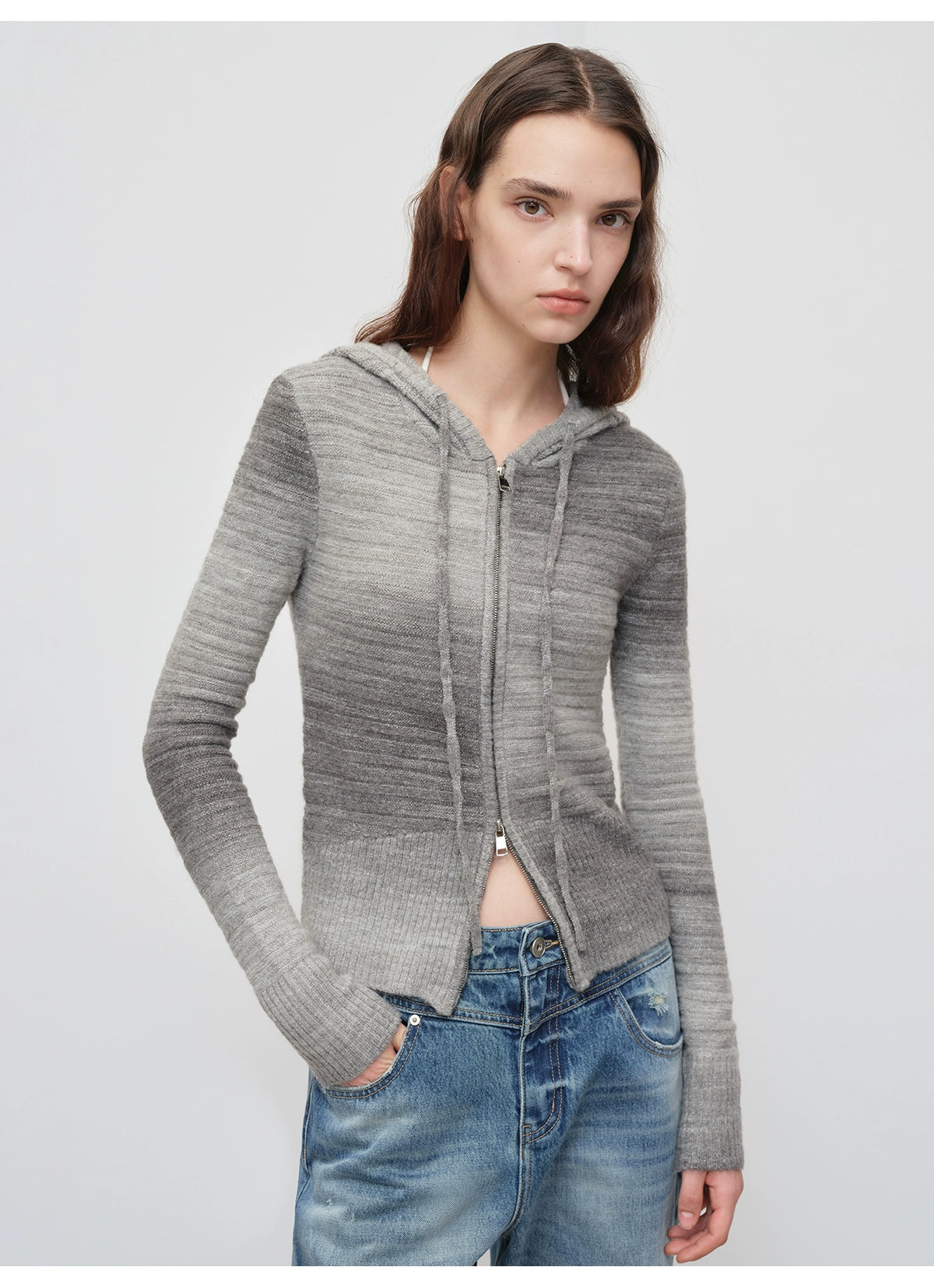 Ombre Wool Blend Double-Zip Hooded Cardigan