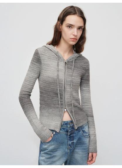 Ombre Wool Blend Double-Zip Hooded Cardigan