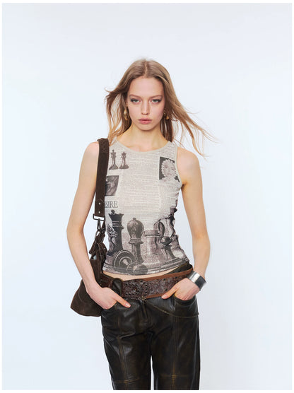 Reversible Newspaper Print Lace Panel Tank Top