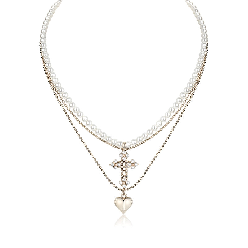 Heart Pearl Cross Necklace Set