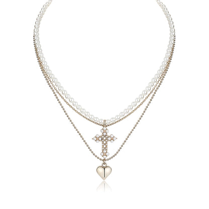 Heart Pearl Cross Necklace Set