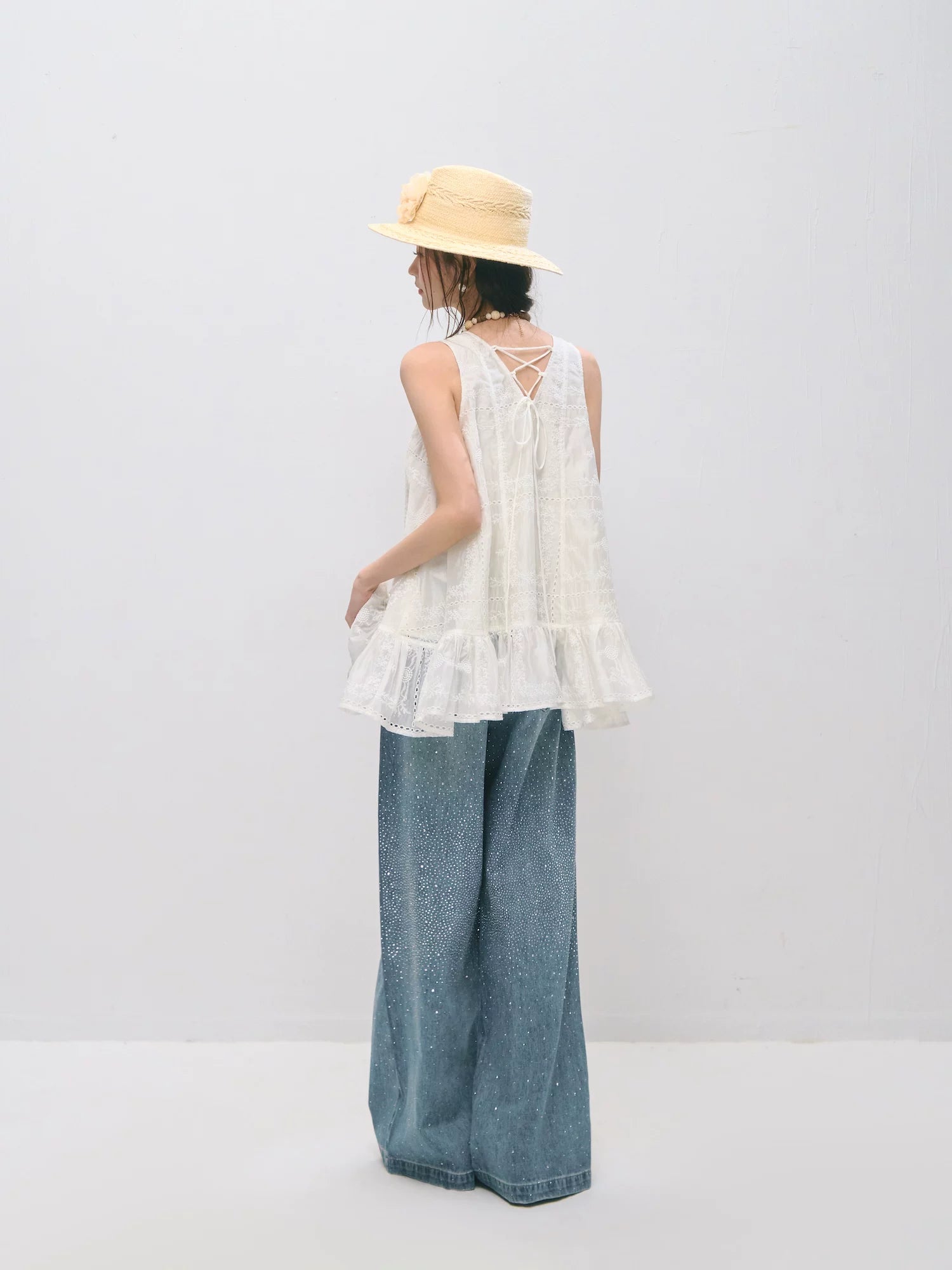 Embroidered Ruffle Trim Sleeveless Dress