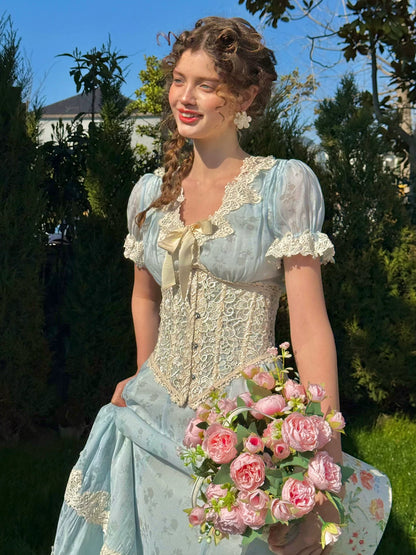 Fresh Baby Blue Lace Short-Sleeve Dress