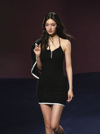 Tweed Galaxy Shimmer Chain Halter Dress &amp; Cardigan Set