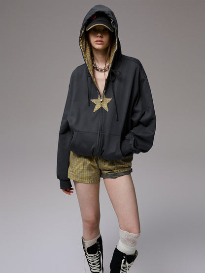Star Patch Oversized Zip-up Hoodie