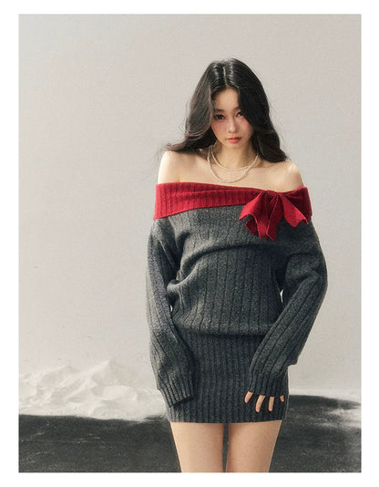 Off-Shoulder American-Style Knit Mini Dress