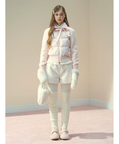 Cream Knit-Panel Down Jacket