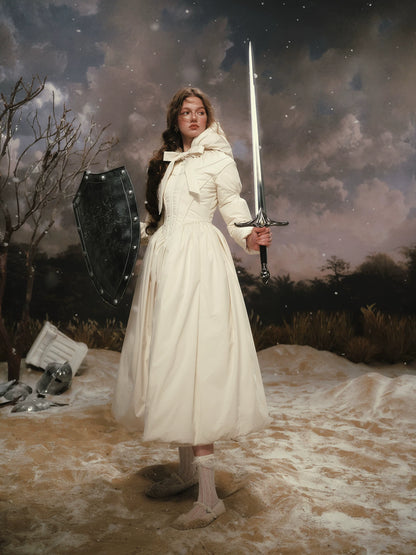 French Tailored Cinched-Waist Long Down Coat