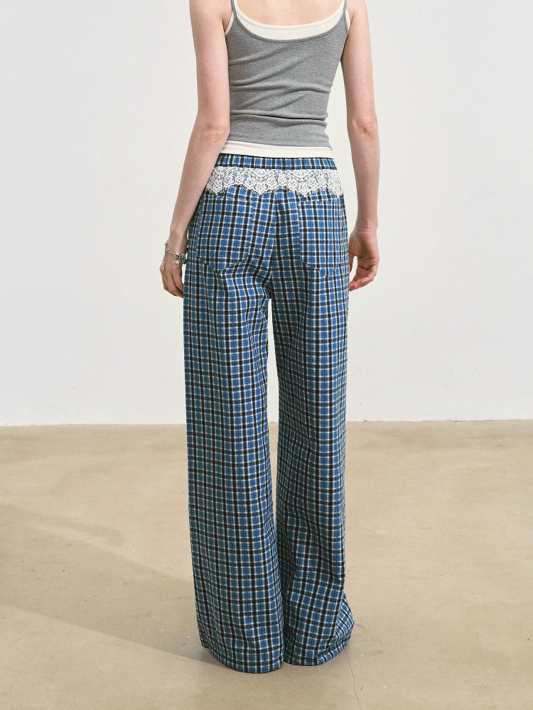 Blue Lace-Spliced Ruffled Plaid Wide-Leg Pants
