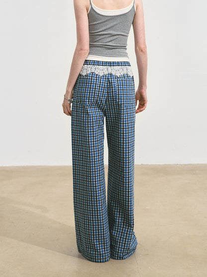 Blue Lace-Spliced Ruffled Plaid Wide-Leg Pants
