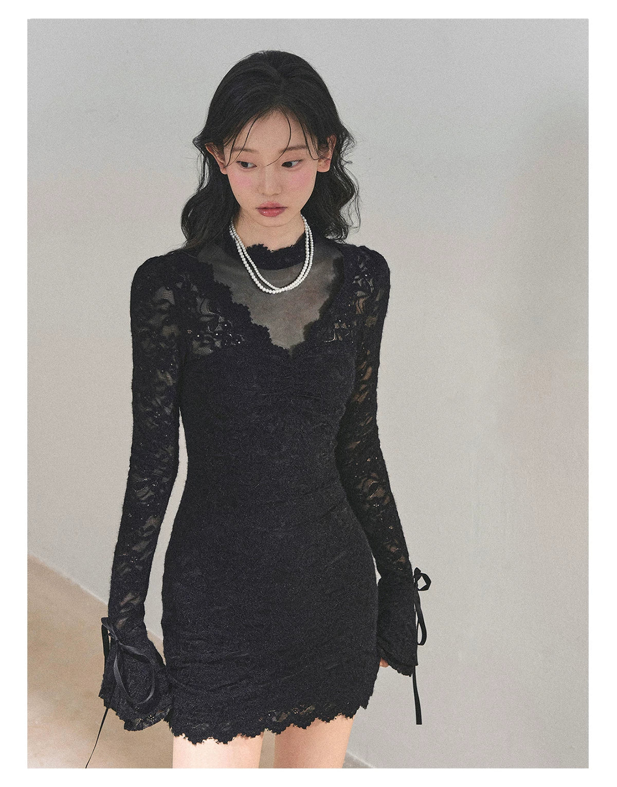 Lace Mesh Long-Sleeve Mini Dress