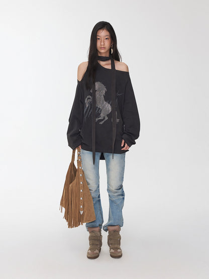 Rhinestone Shoulder-Tie Oversized Sweatshirt