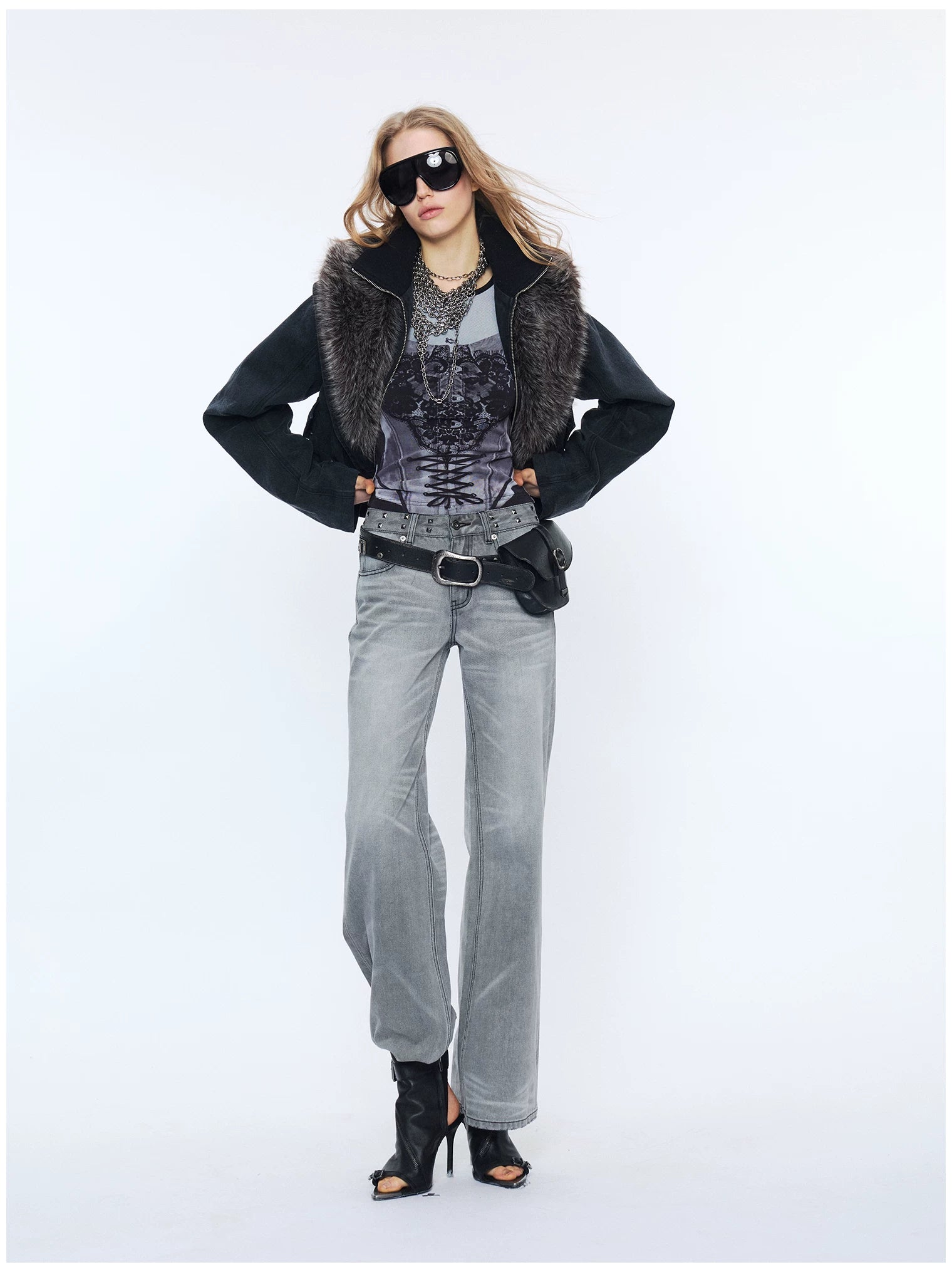 Reversible Newspaper Print Lace Panel Tank Top