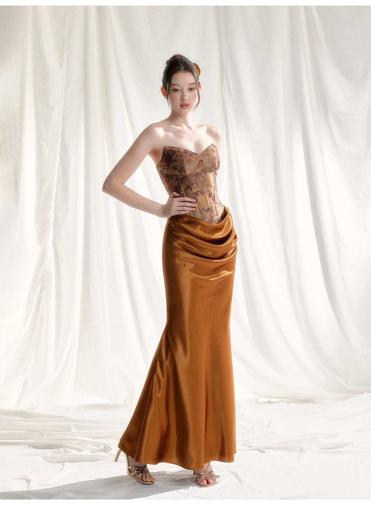 Jade Whisper Jacquard Corset Satin Evening Gown