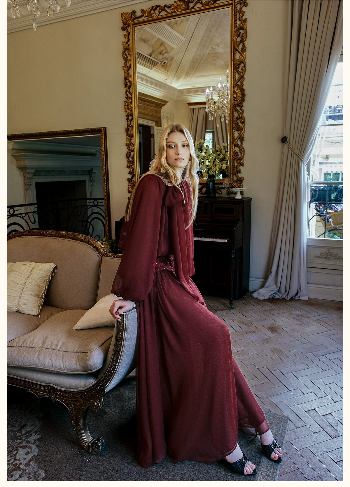 Milena Chiffon Lace Lantern Sleeve Midi Dresse