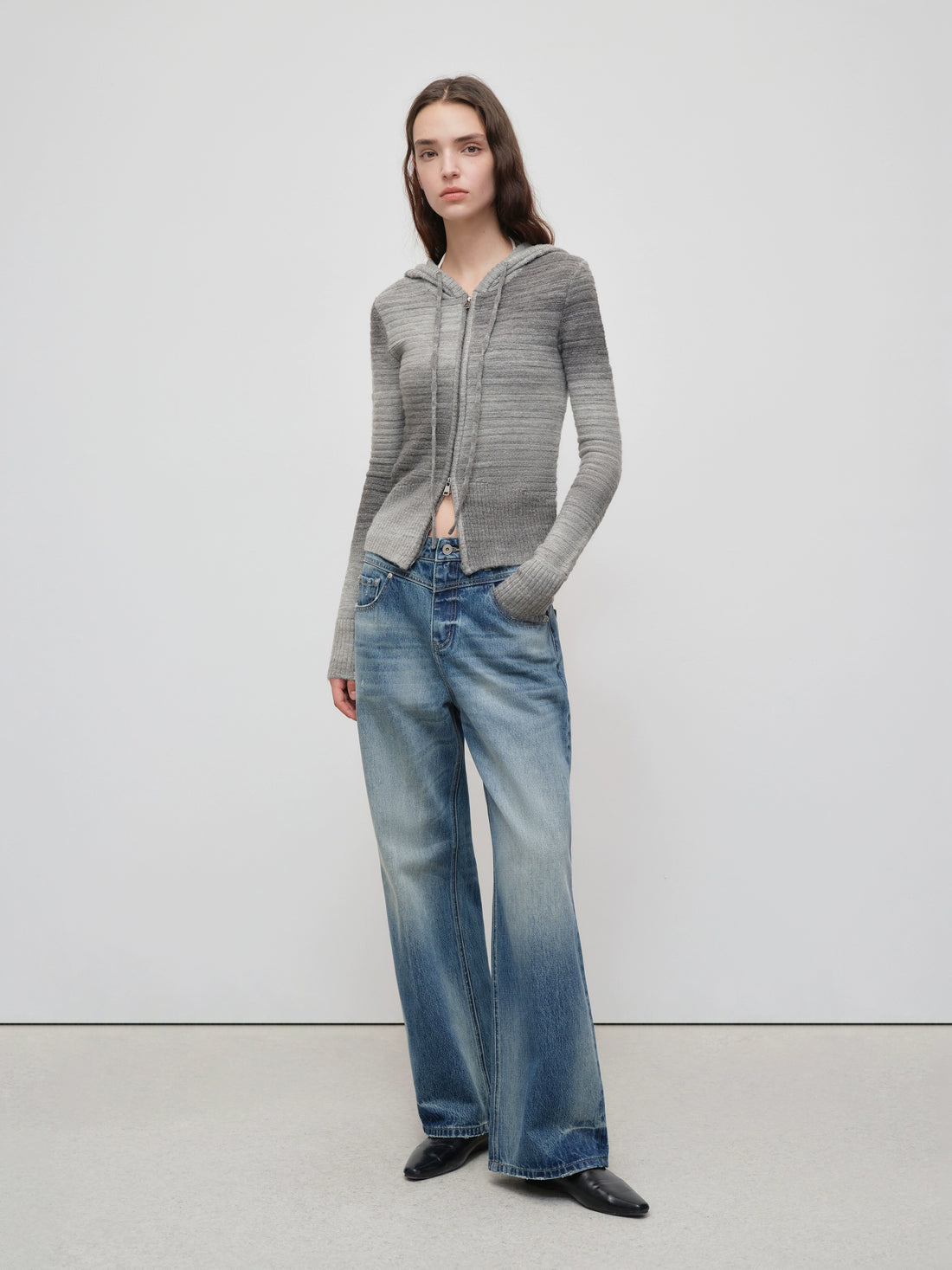 Ombre Wool Blend Double-Zip Hooded Cardigan