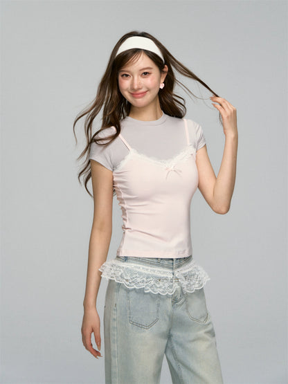 Fake Two Piece Lace Bow Short-Sleeve T-shirt