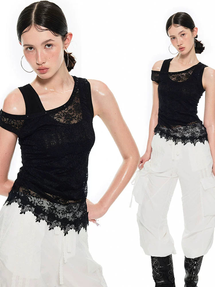 Black &amp; White Asymmetric Lace Layered Tank Top