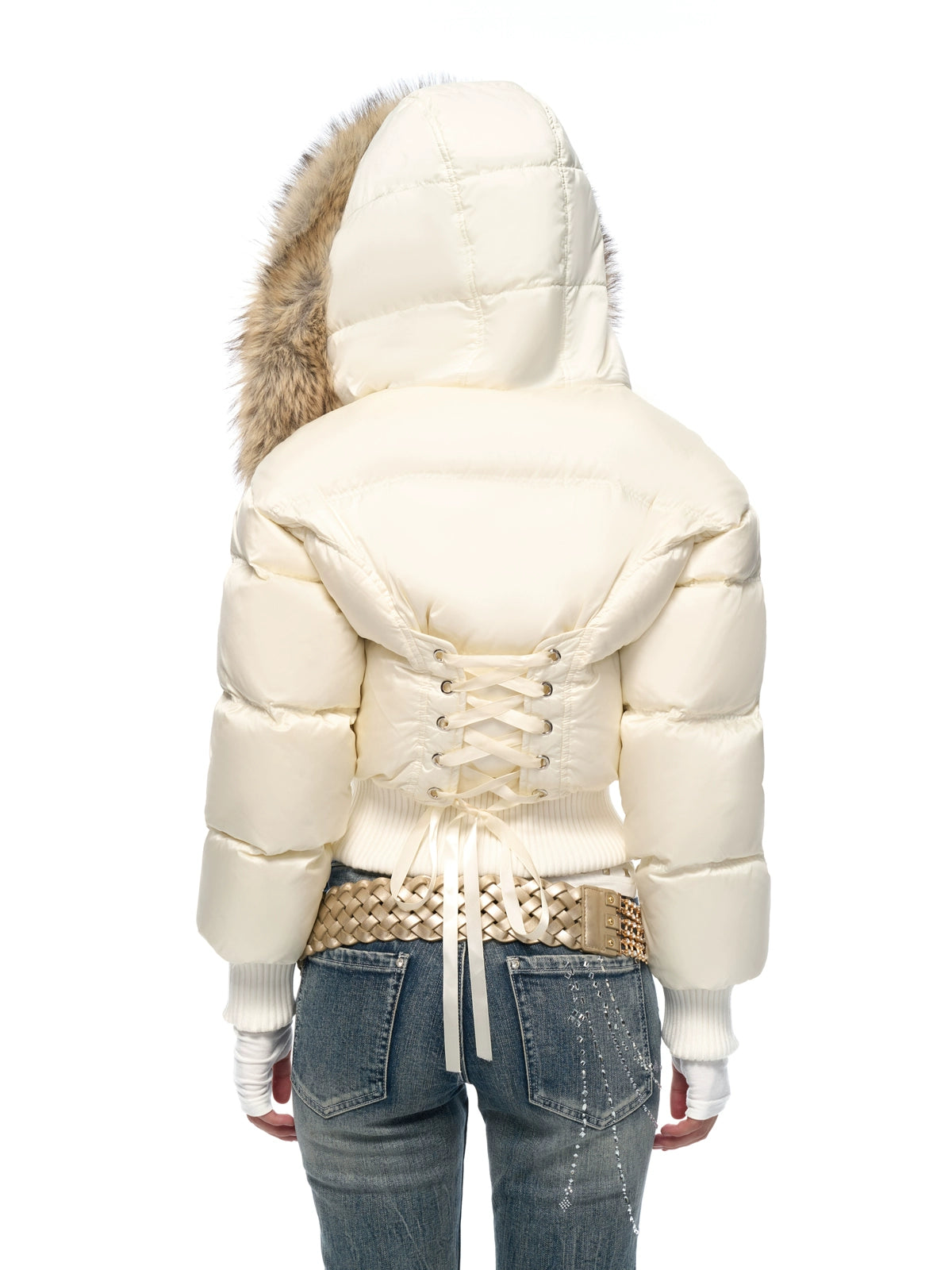 Vintage Waist-Cinched Cropped Down Jacket