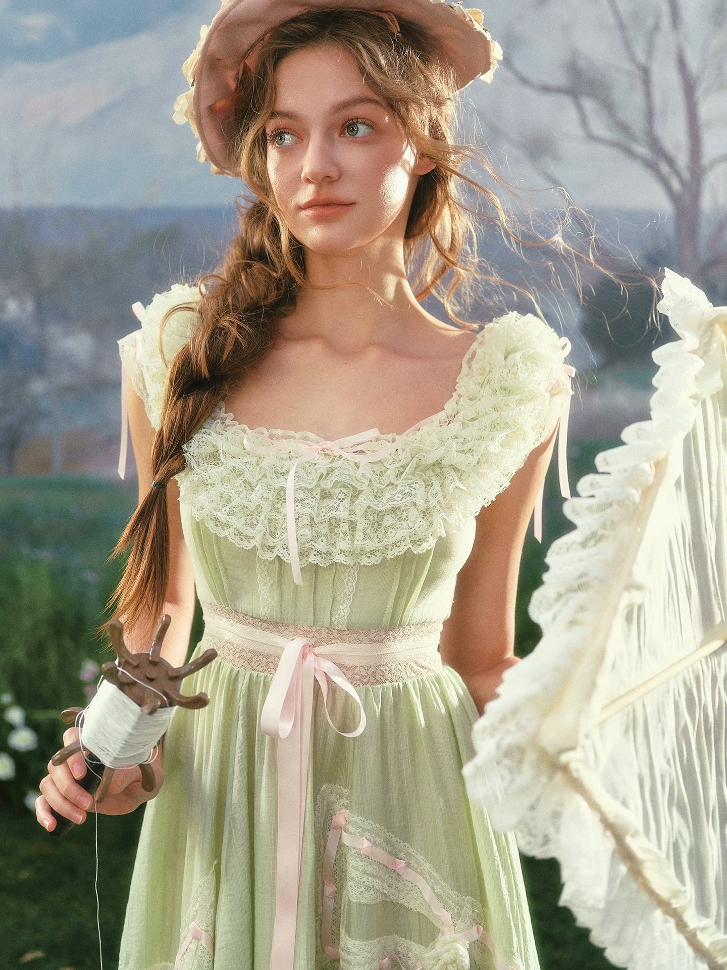 Green Kite Off-Shoulder Lace Fairy Dress