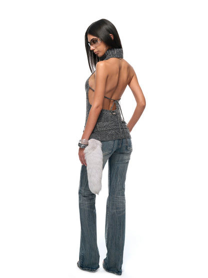 Backless High-Neck Cable-Knit Sweater