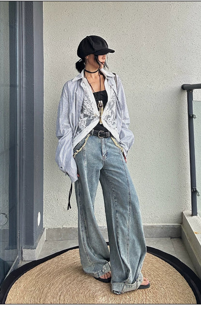 Asymmetric Pleated Stripe Cotton Shirt