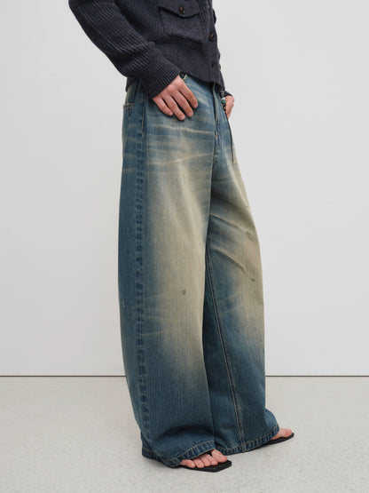 Vintage Tapered Wide-Leg Distressed Denim Pants