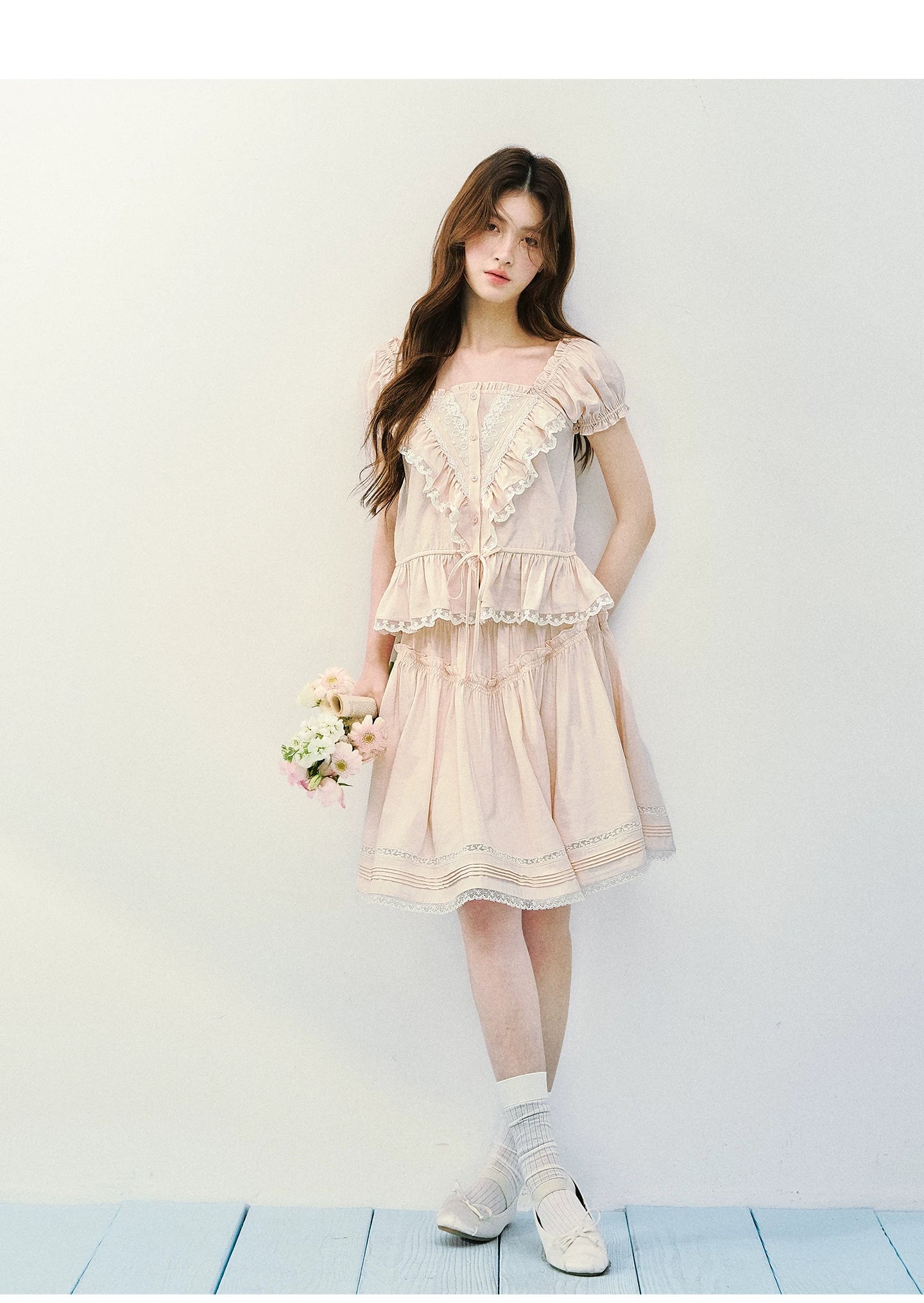 Romantic Ruffle Lace Blouse &amp; Skirt Set