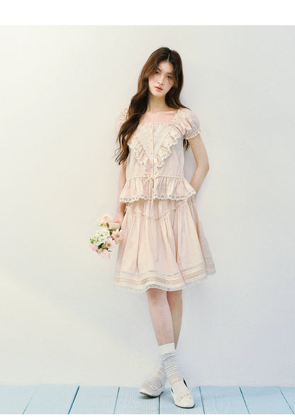 Romantic Ruffle Lace Blouse &amp; Skirt Set