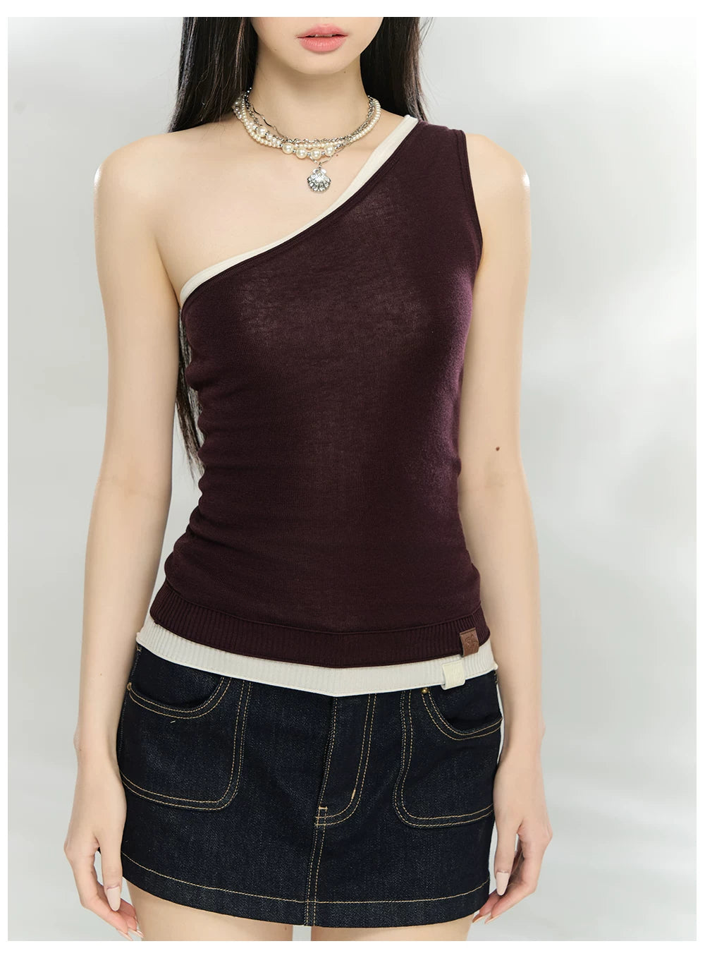 Asymmetric One-Shoulder Lyocell Blend Knit Tank Top