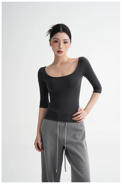 Lyocell Open-Back Fitted Mid-Sleeve T-Shirt
