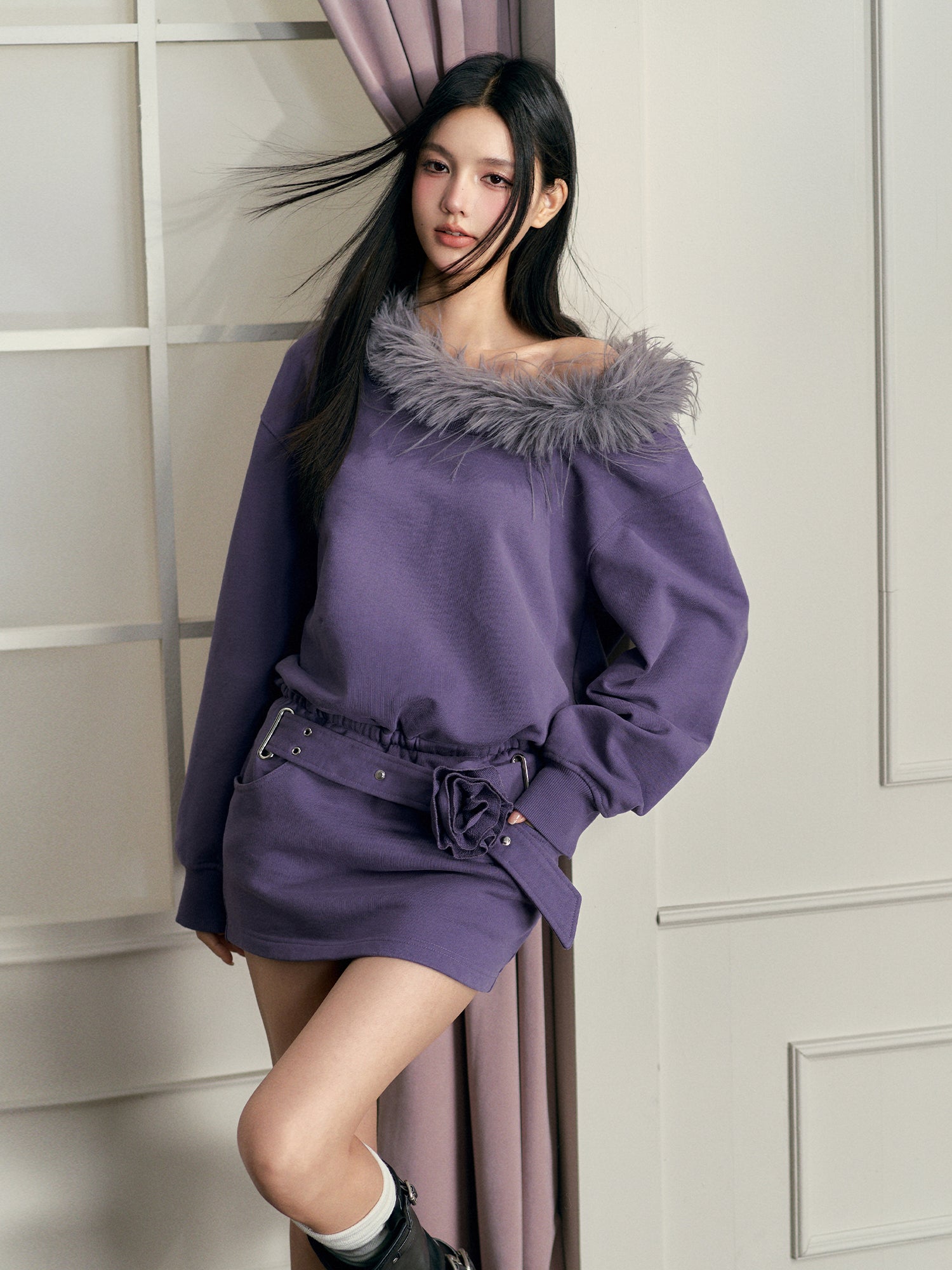 Off-Shoulder Wool Collar Sweater Dress - CHINASQUAD
