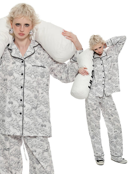 Black Letter Tattoo Print Cotton Pajamas Set