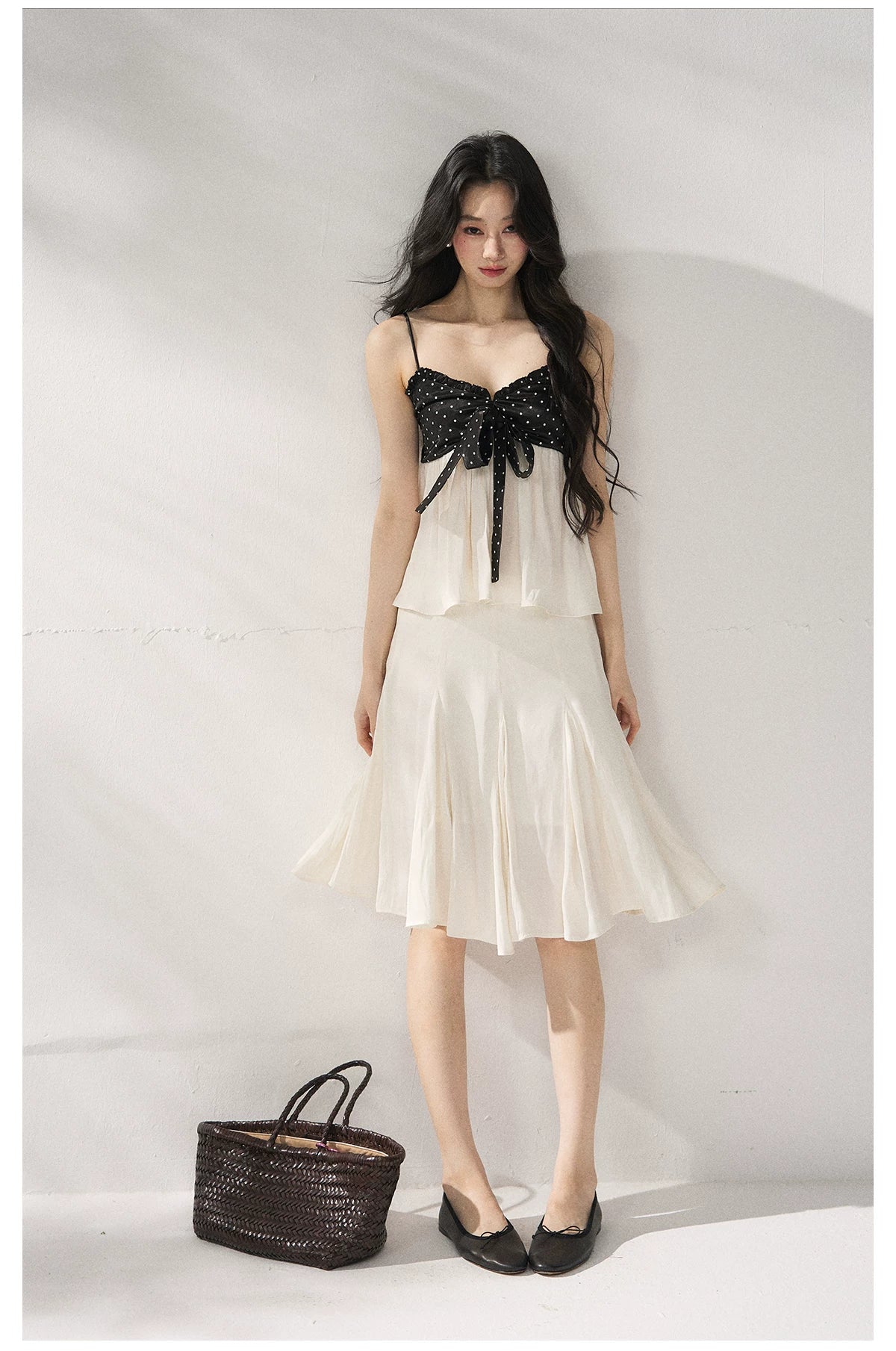 Polka Dot Camisole &amp; Bow Detail Midi Skirt Set