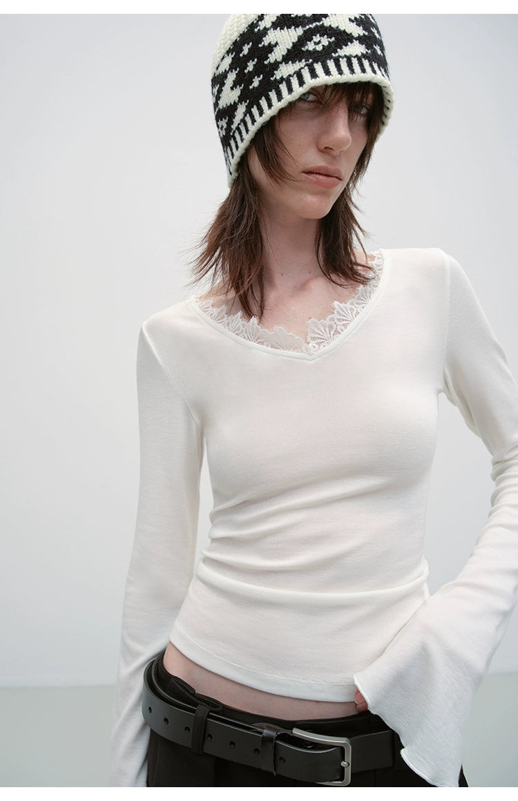 Lace V-neck Slim Long-Sleeve T-shirt