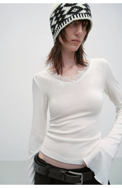 Lace V-neck Slim Long-Sleeve T-shirt