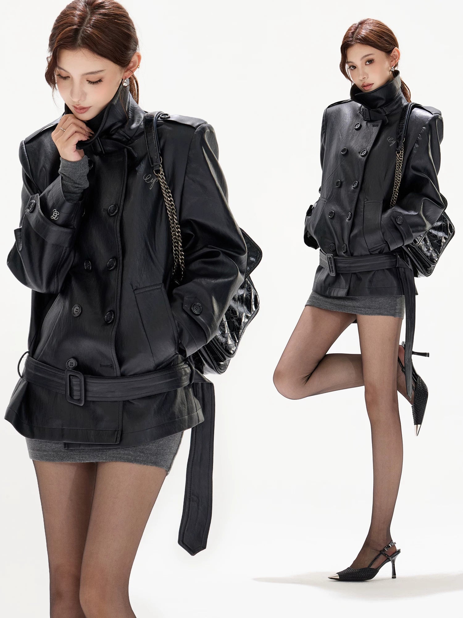 Double-Breasted Belted Faux Leather Jacket