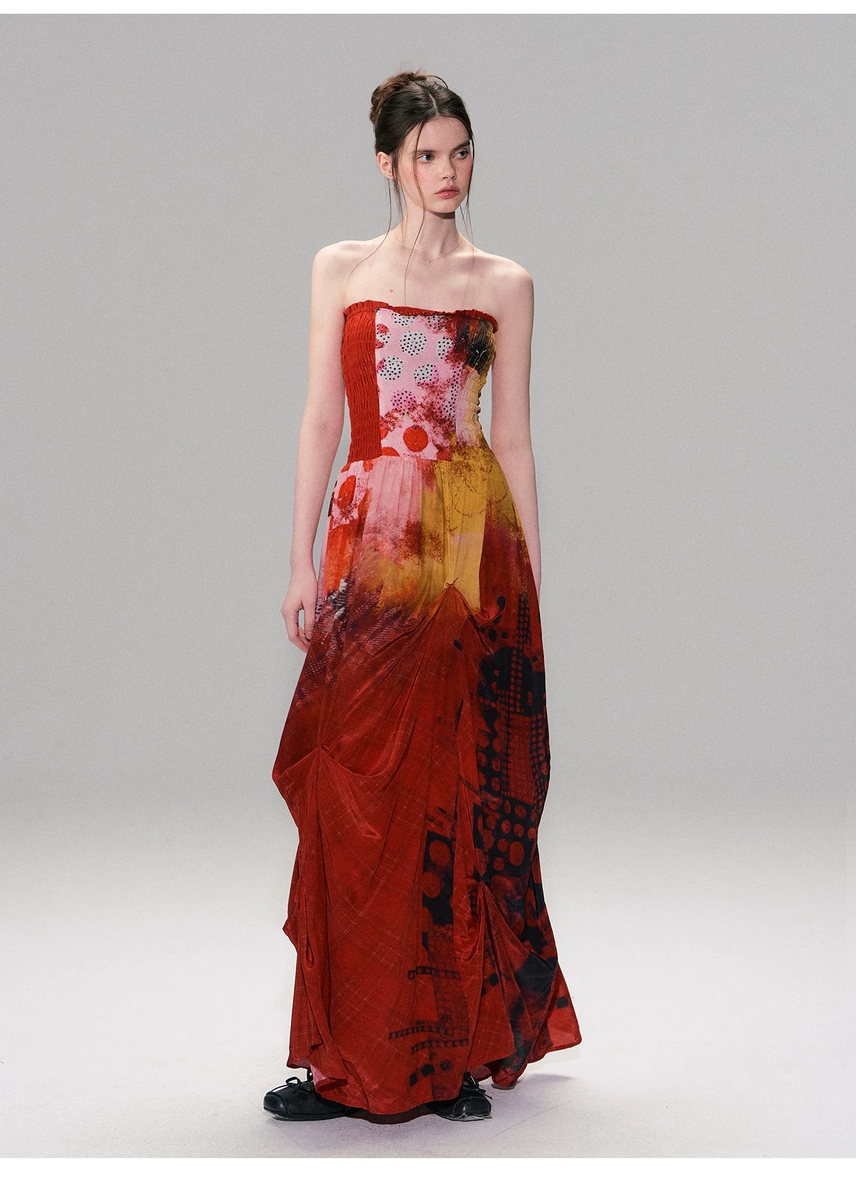 Vintage Red Strapless Printed Maxi Dress