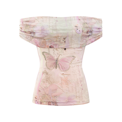 Purple Butterfly &amp; Pink Butterfly Mesh One-shoulder T-shirt - CHINASQUAD