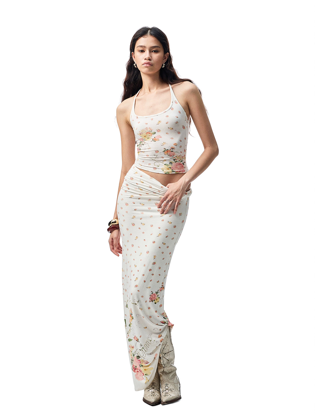 Floral All-Over Printed Big Round Neck Knotted Tank Top